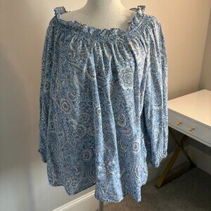 Talbots Plus Blue Floral Smocked Neck Blouse 3X Cotton